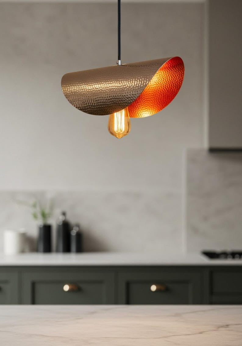 Hammered Brass Linear Pendant Light – Two-Tone Antique Brass and Copper Kitchen Island Fixture