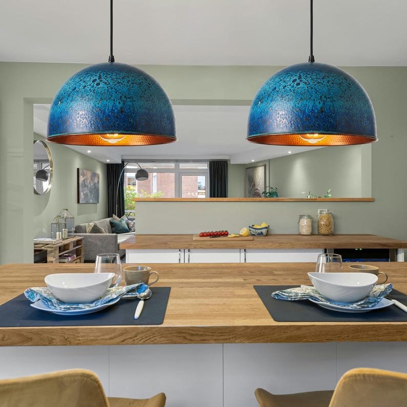 Blue Patina Copper Pendant Light, Handmade Moroccan Hammered Copper Dome Chandelier, Rustic Verdigris Kitchen Island Hanging Lamp, Boho Copper Ceiling Light Fixture