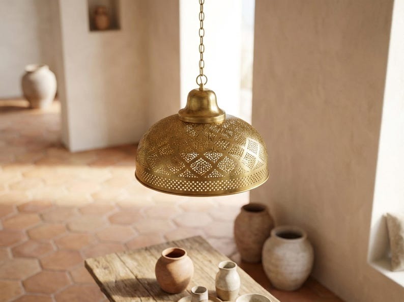 Moroccan Pierced Brass Dome Pendant Light – Antique Gold Kitchen Island Chandelier with Geometric Shadow Pattern