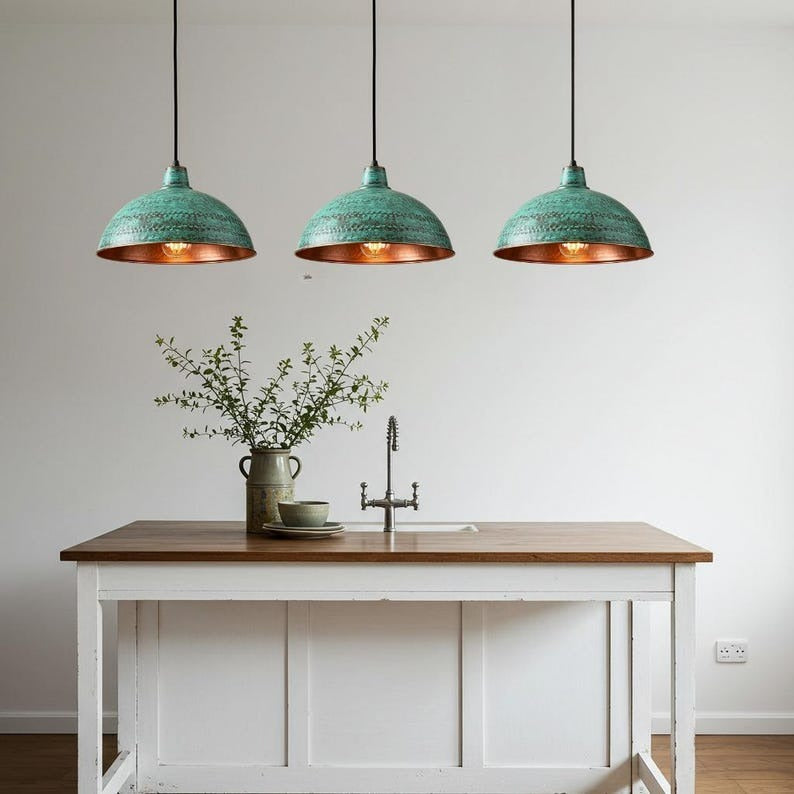 Verdigris Brass Dome Pendant Light – Hammered Green Patina Kitchen Island Chandelier with Copper Interior