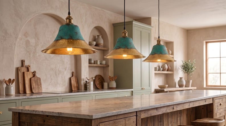 Handmade Brass Moroccan Pendant Light – Verdigris Green Patina & Hammered Brass Dome Kitchen Island Hanging Lamp, Boho Farmhouse Ceiling Light Fixture