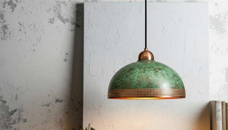Green Patina Copper Pendant Light, Handmade Dome Ceiling Lamp, Rustic Moroccan Kitchen Island Chandelier with Copper Rim