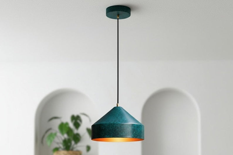 Handmade Moroccan Brass Cone Pendant Light – Dark Green Verdigris Patina Brass Hanging Lamp with Matching Ceiling Canopy, Boho Mediterranean Ceiling Light for Kitchen Island, Dining Room, Bedroom & Entryway