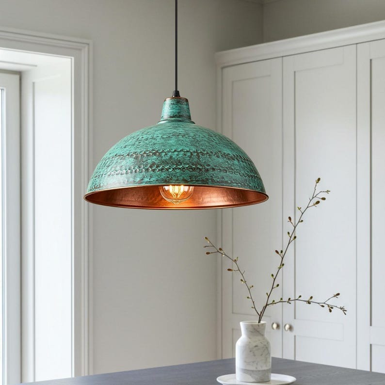Verdigris Brass Dome Pendant Light – Hammered Green Patina Kitchen Island Chandelier with Copper Interior