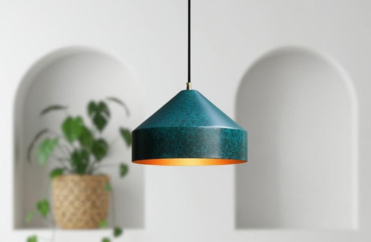 Handmade Moroccan Brass Cone Pendant Light – Dark Green Verdigris Patina Brass Hanging Lamp with Matching Ceiling Canopy, Boho Mediterranean Ceiling Light for Kitchen Island, Dining Room, Bedroom & Entryway