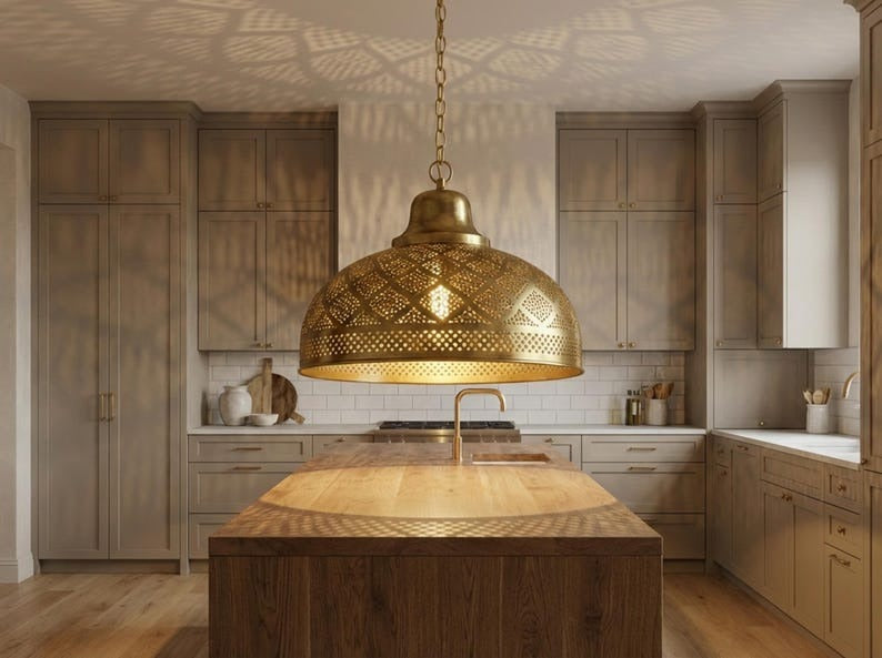 Moroccan Pierced Brass Dome Pendant Light – Antique Gold Kitchen Island Chandelier with Geometric Shadow Pattern
