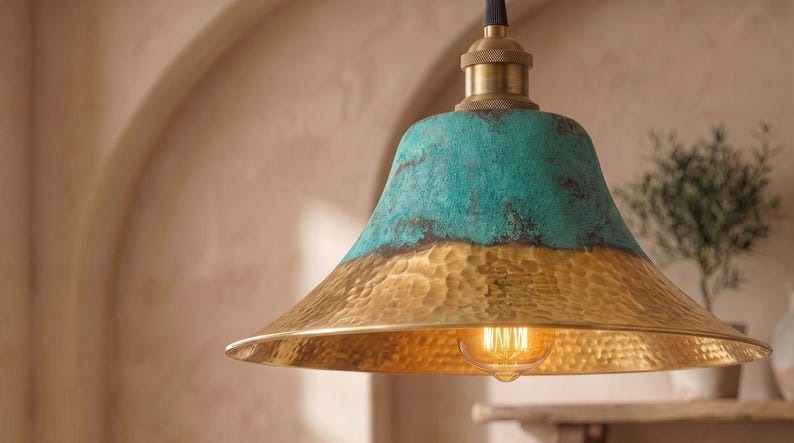 Handmade Brass Moroccan Pendant Light – Verdigris Green Patina & Hammered Brass Dome Kitchen Island Hanging Lamp, Boho Farmhouse Ceiling Light Fixture