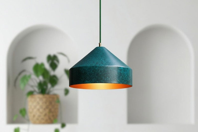 Handmade Moroccan Brass Cone Pendant Light – Dark Green Verdigris Patina Brass Hanging Lamp with Matching Ceiling Canopy, Boho Mediterranean Ceiling Light for Kitchen Island, Dining Room, Bedroom & Entryway