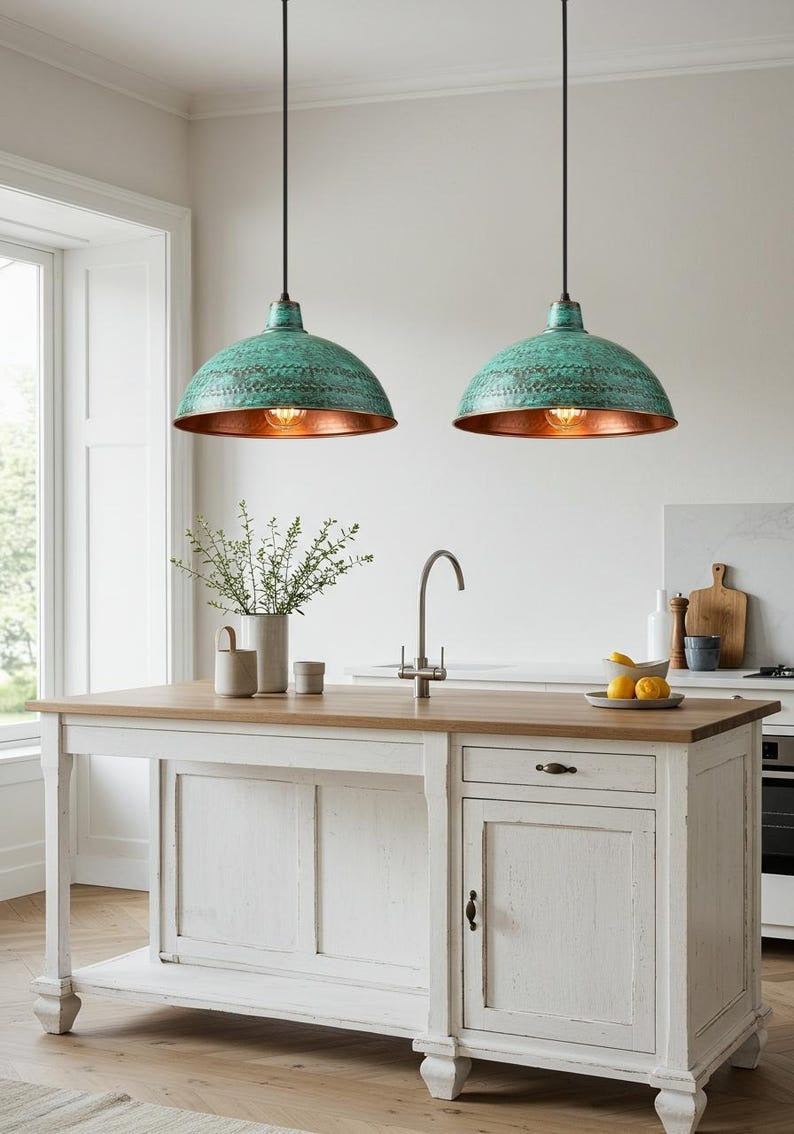 Verdigris Brass Dome Pendant Light – Hammered Green Patina Kitchen Island Chandelier with Copper Interior