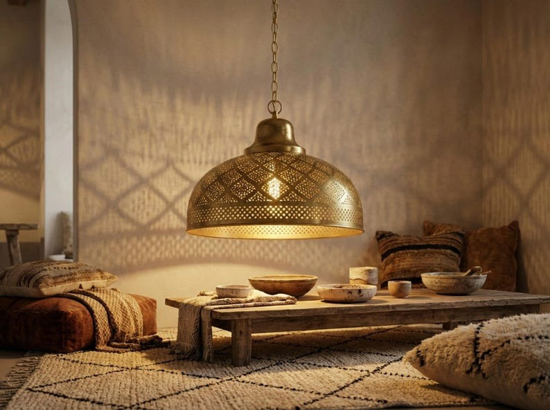Moroccan Pierced Brass Dome Pendant Light – Antique Gold Kitchen Island Chandelier with Geometric Shadow Pattern
