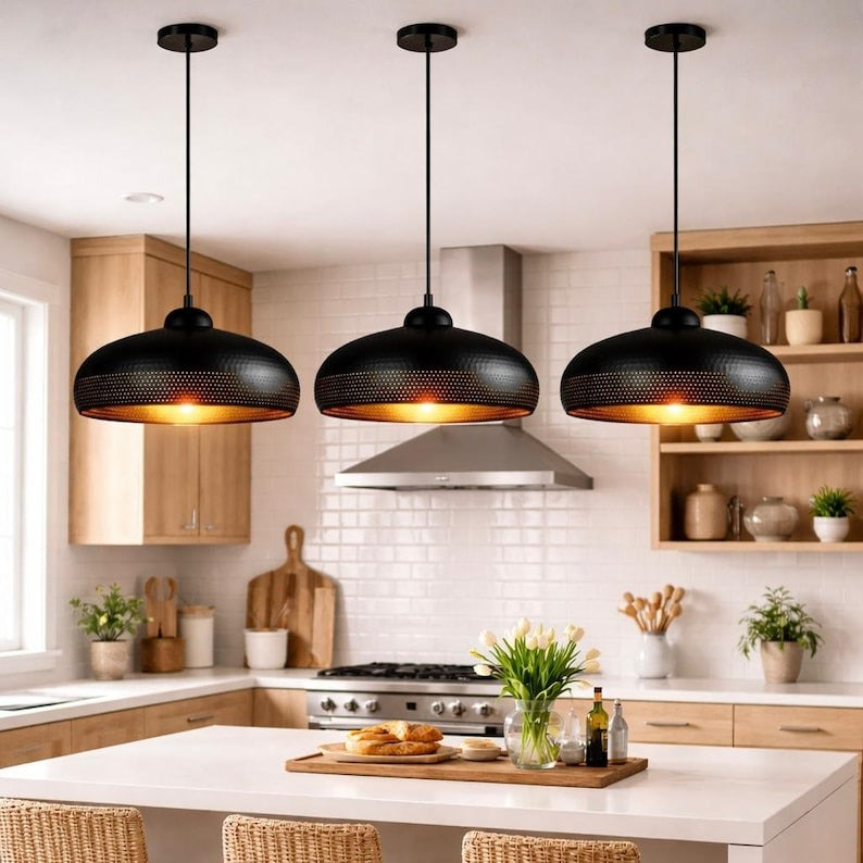 Handmade Moroccan Brass Pendant Light – Black Pierced Dome Ceiling Lamp with Hammered Texture, Modern Moroccan Hanging Light for Living Room & Dining Room