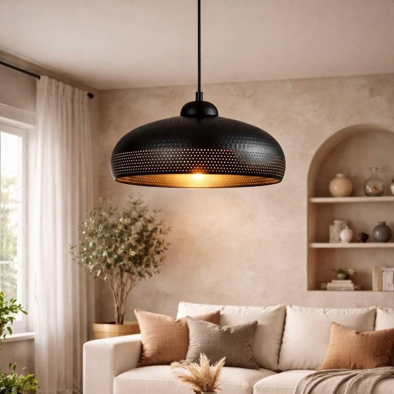 Handmade Moroccan Brass Pendant Light – Black Pierced Dome Ceiling Lamp with Hammered Texture, Modern Moroccan Hanging Light for Living Room & Dining Room