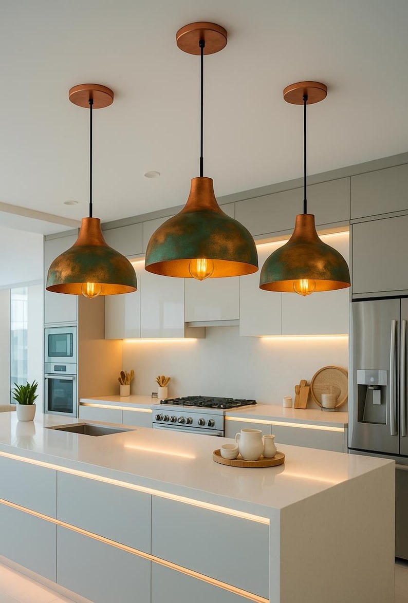 Green & Gold Brass Dome Pendant Light – Hand-Finished Moroccan Kitchen Island Chandelier