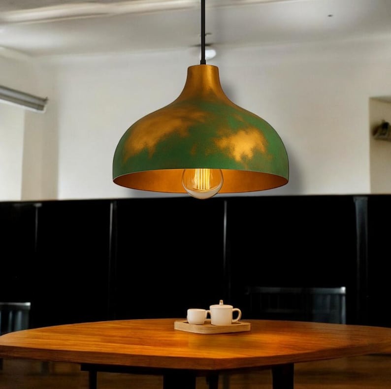 Green & Gold Brass Dome Pendant Light – Hand-Finished Moroccan Kitchen Island Chandelier
