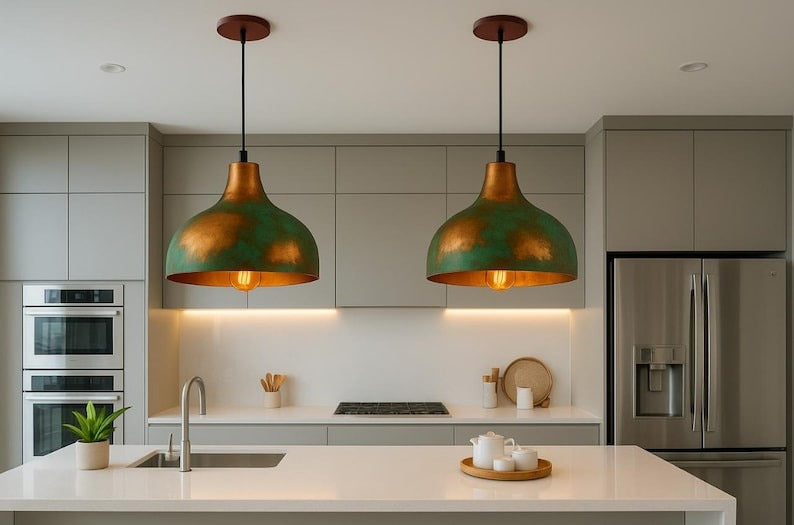 Green & Gold Brass Dome Pendant Light – Hand-Finished Moroccan Kitchen Island Chandelier
