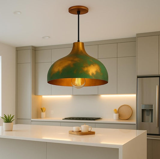 Green & Gold Brass Dome Pendant Light – Hand-Finished Moroccan Kitchen Island Chandelier