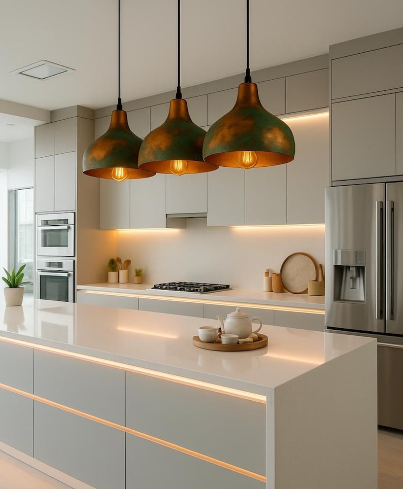 Green & Gold Brass Dome Pendant Light – Hand-Finished Moroccan Kitchen Island Chandelier
