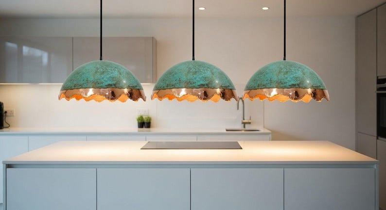 Handmade Moroccan Brass Dome Pendant Light – Turquoise Patina Brass Hanging Lamp with Copper Band & Scalloped Edge, Warm Gold Interior Boho Ceiling Light for Kitchen Island, Dining Room & Living Room