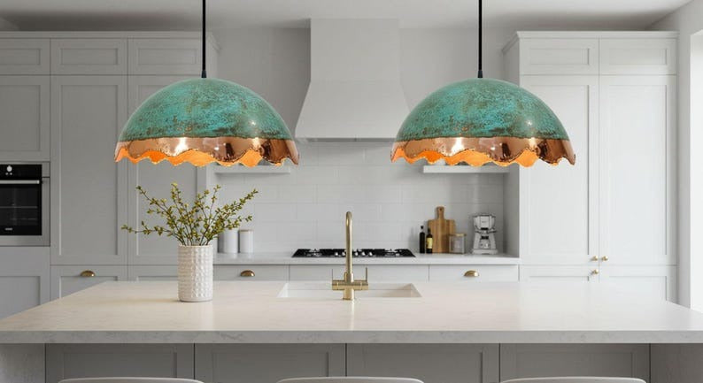 Handmade Moroccan Brass Dome Pendant Light – Turquoise Patina Brass Hanging Lamp with Copper Band & Scalloped Edge, Warm Gold Interior Boho Ceiling Light for Kitchen Island, Dining Room & Living Room