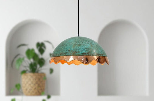 Handmade Moroccan Brass Dome Pendant Light – Turquoise Patina Brass Hanging Lamp with Copper Band & Scalloped Edge, Warm Gold Interior Boho Ceiling Light for Kitchen Island, Dining Room & Living Room