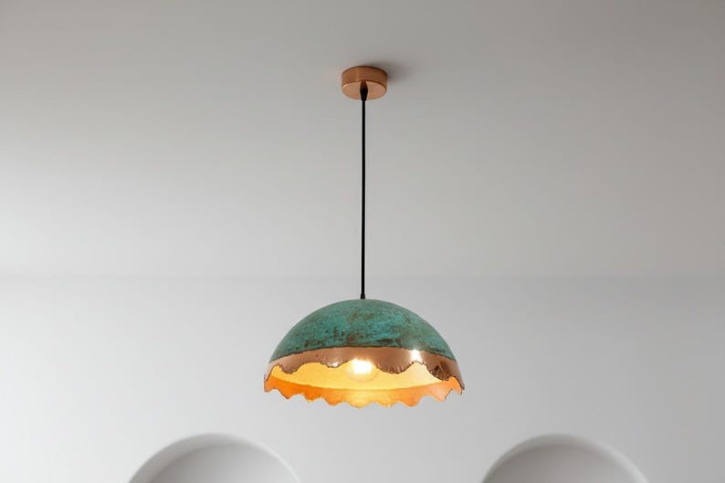 Handmade Moroccan Brass Dome Pendant Light – Turquoise Patina Brass Hanging Lamp with Copper Band & Scalloped Edge, Warm Gold Interior Boho Ceiling Light for Kitchen Island, Dining Room & Living Room