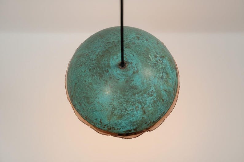 Handmade Moroccan Brass Dome Pendant Light – Turquoise Patina Brass Hanging Lamp with Copper Band & Scalloped Edge, Warm Gold Interior Boho Ceiling Light for Kitchen Island, Dining Room & Living Room