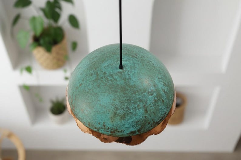 Handmade Moroccan Brass Dome Pendant Light – Turquoise Patina Brass Hanging Lamp with Copper Band & Scalloped Edge, Warm Gold Interior Boho Ceiling Light for Kitchen Island, Dining Room & Living Room