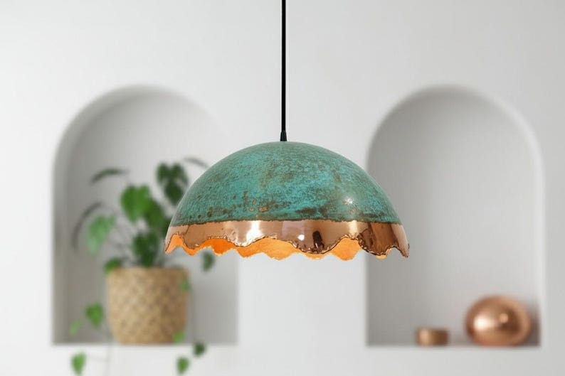 Handmade Moroccan Brass Dome Pendant Light – Turquoise Patina Brass Hanging Lamp with Copper Band & Scalloped Edge, Warm Gold Interior Boho Ceiling Light for Kitchen Island, Dining Room & Living Room