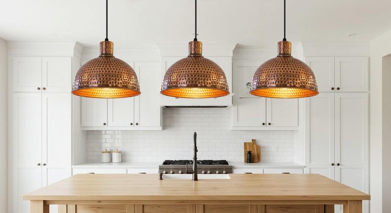 Hammered Copper Brass Dome Pendant Light – Vintage Moroccan Kitchen Island Chandelier