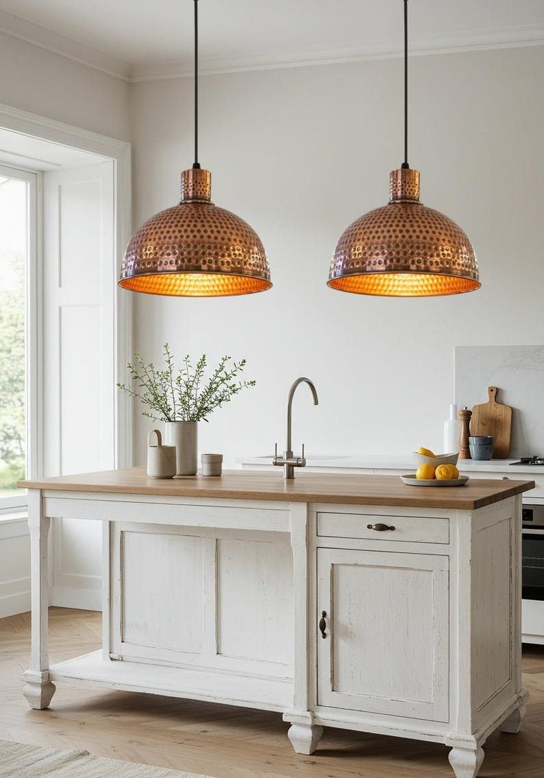 Hammered Copper Brass Dome Pendant Light – Vintage Moroccan Kitchen Island Chandelier