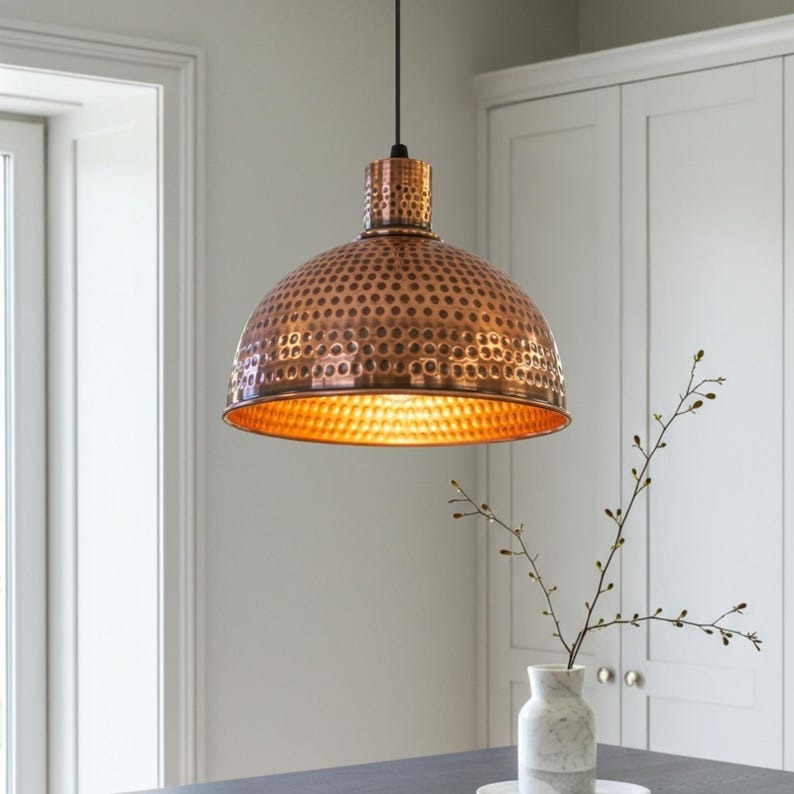 Hammered Copper Brass Dome Pendant Light – Vintage Moroccan Kitchen Island Chandelier