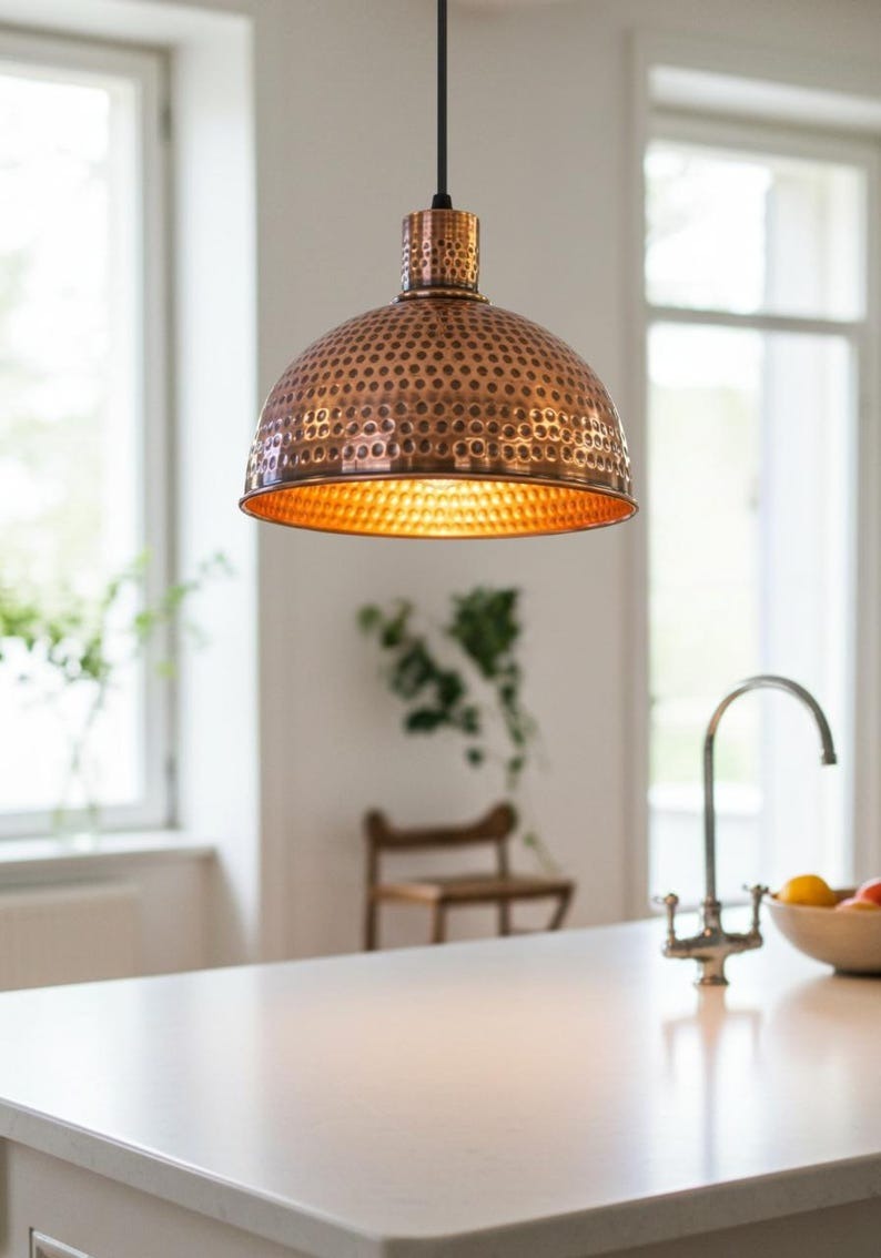 Hammered Copper Brass Dome Pendant Light – Vintage Moroccan Kitchen Island Chandelier