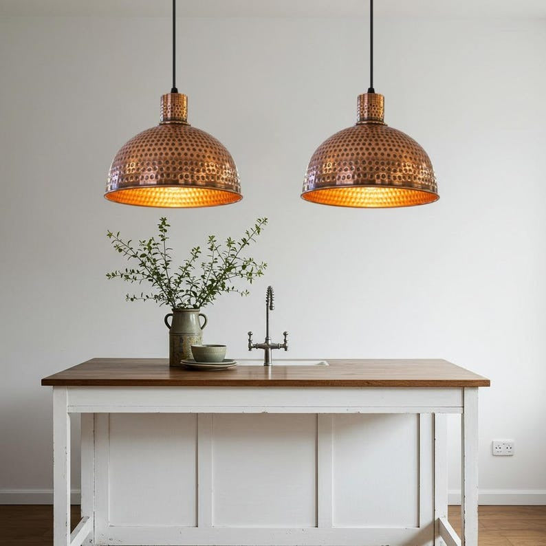 Hammered Copper Brass Dome Pendant Light – Vintage Moroccan Kitchen Island Chandelier