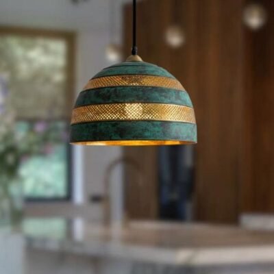 Green Patina Brass Dome Pendant Light, Handmade Moroccan Striped Brass Chandelier, Perforated Antique Brass Kitchen Island Hanging Lamp, Rustic Boho Farmhouse Ceiling Light Fixture