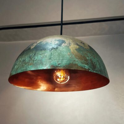 Rustic Green Patina Copper Dome Pendant Light, Handmade Moroccan Verdigris Copper Kitchen Island Chandelier, Aged Copper Hanging Lamp, Boho Farmhouse Ceiling Light Fixture