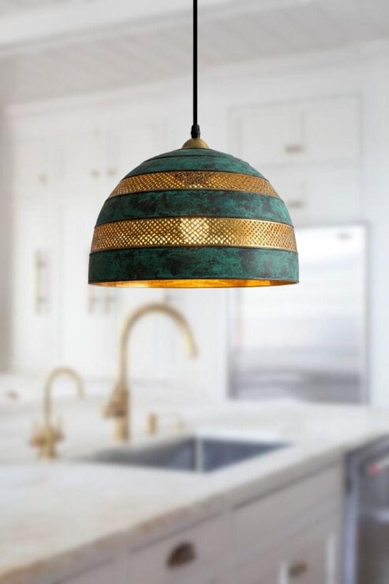 Green Patina Brass Dome Pendant Light, Handmade Moroccan Striped Brass Chandelier, Perforated Antique Brass Kitchen Island Hanging Lamp, Rustic Boho Farmhouse Ceiling Light Fixture