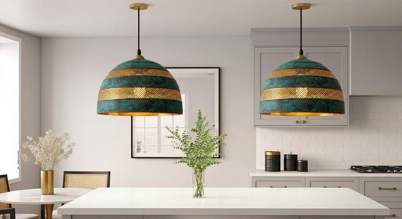 Green Patina Brass Dome Pendant Light, Handmade Moroccan Striped Brass Chandelier, Perforated Antique Brass Kitchen Island Hanging Lamp, Rustic Boho Farmhouse Ceiling Light Fixture