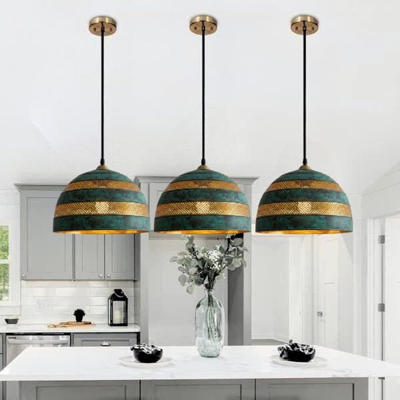 Green Patina Brass Dome Pendant Light, Handmade Moroccan Striped Brass Chandelier, Perforated Antique Brass Kitchen Island Hanging Lamp, Rustic Boho Farmhouse Ceiling Light Fixture