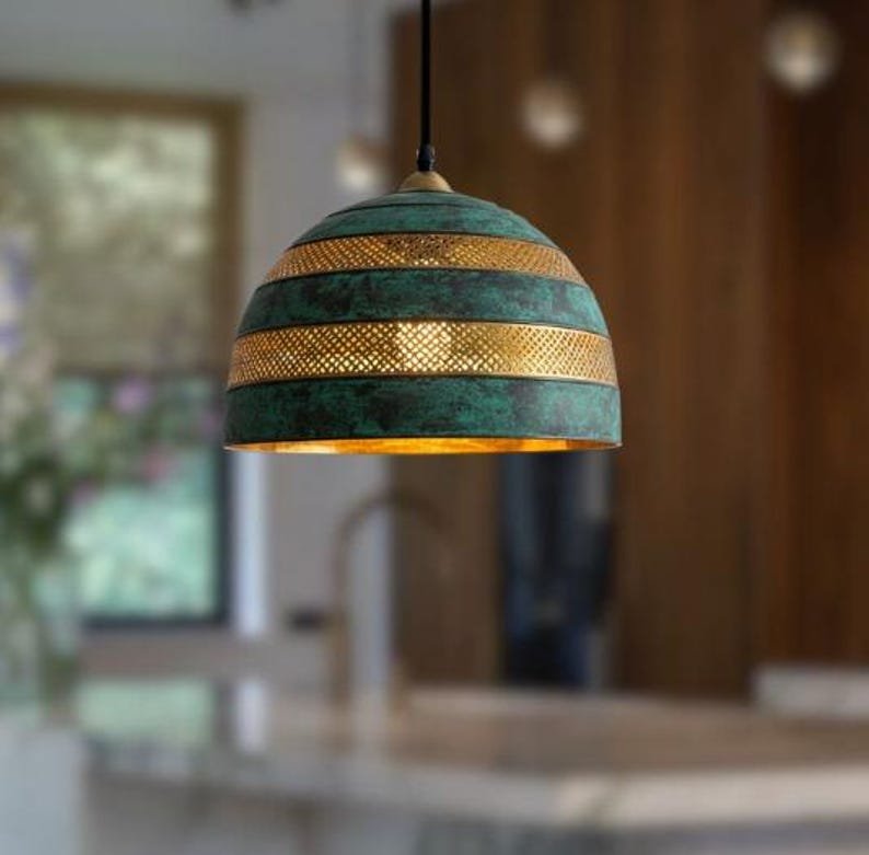 Green Patina Brass Dome Pendant Light, Handmade Moroccan Striped Brass Chandelier, Perforated Antique Brass Kitchen Island Hanging Lamp, Rustic Boho Farmhouse Ceiling Light Fixture