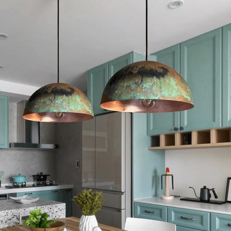 Rustic Green Patina Copper Dome Pendant Light, Handmade Moroccan Verdigris Copper Kitchen Island Chandelier, Aged Copper Hanging Lamp, Boho Farmhouse Ceiling Light Fixture
