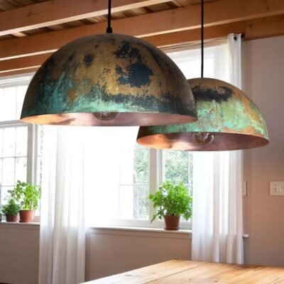 Rustic Green Patina Copper Dome Pendant Light, Handmade Moroccan Verdigris Copper Kitchen Island Chandelier, Aged Copper Hanging Lamp, Boho Farmhouse Ceiling Light Fixture
