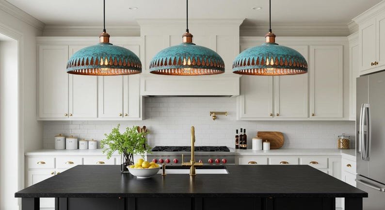 Green Patina Copper Pendant Light, Handmade Moroccan Dome Ceiling Lamp, Rustic Verdigris Kitchen Island Chandelier