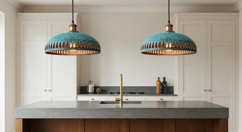 Green Patina Copper Pendant Light, Handmade Moroccan Dome Ceiling Lamp, Rustic Verdigris Kitchen Island Chandelier