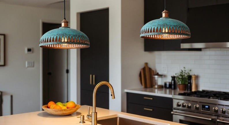 Green Patina Copper Pendant Light, Handmade Moroccan Dome Ceiling Lamp, Rustic Verdigris Kitchen Island Chandelier