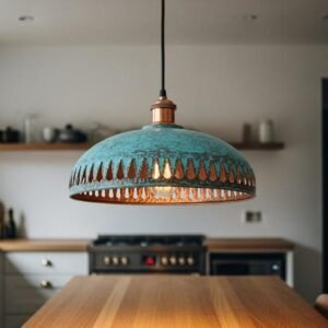 Green Patina Copper Pendant Light, Handmade Moroccan Dome Ceiling Lamp, Rustic Verdigris Kitchen Island Chandelier