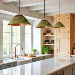 Large Green Patina Copper Pendant Light, Handmade Moroccan Copper Cone Dome Chandelier, Rustic Verdigris Kitchen Island Hanging Lamp, Boho Farmhouse Copper Ceiling Light
