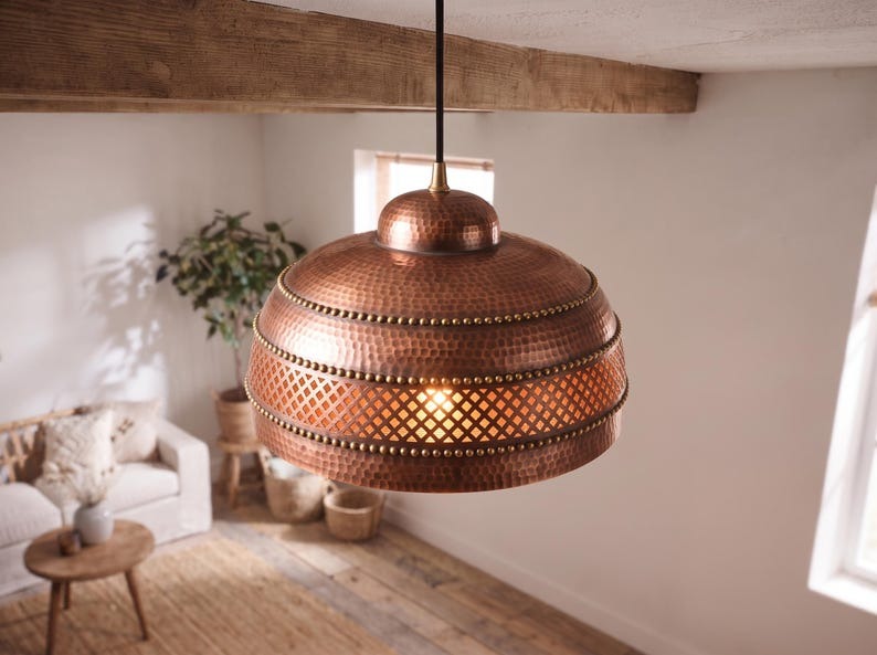 Handmade Moroccan Brass Pendant Light – Hammered Copper Brass Dome Hanging Lamp with Diamond Lattice Band and Decorative Beaded Trim for Kitchen Island, Dining Room & Living Room