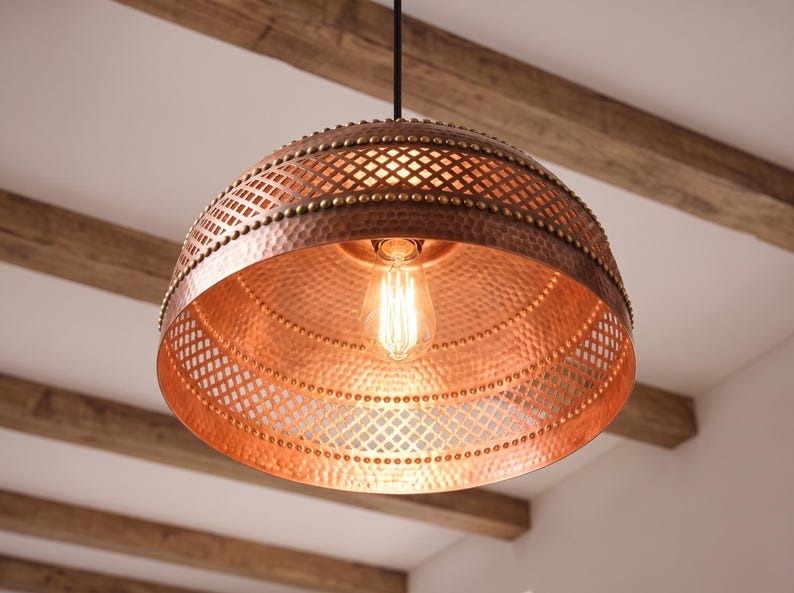Handmade Moroccan Brass Pendant Light – Hammered Copper Brass Dome Hanging Lamp with Diamond Lattice Band and Decorative Beaded Trim for Kitchen Island, Dining Room & Living Room