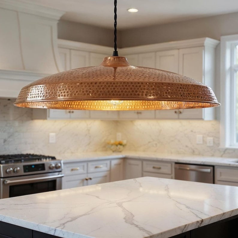 Wide Perforated Hammered Copper Saucer Pendant Light, Handmade Moroccan Copper Kitchen Island Chandelier, Rustic Boho Farmhouse Dining Room Ceiling Light Fixture