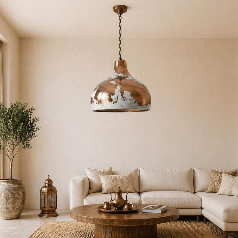 Handmade Moroccan Brass Pendant Light – Distressed White & Copper Finish Dome Ceiling Lamp, Rustic Industrial Kitchen Island Lighting